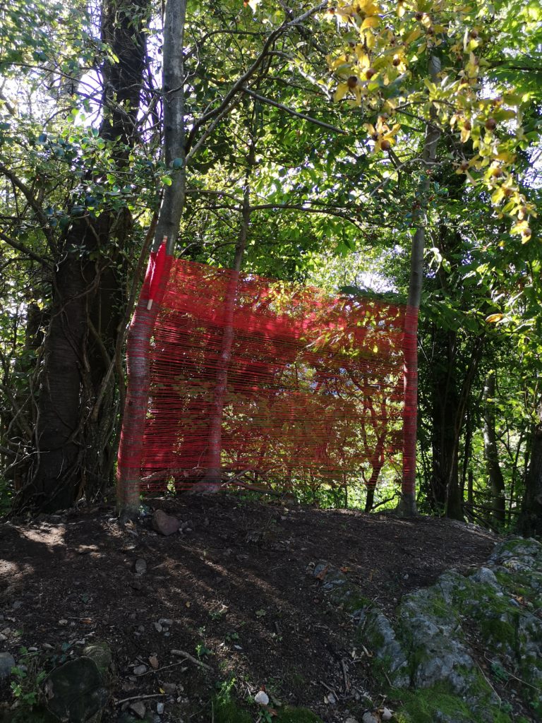 ITINERARY 1 - Natascia Melis Three Trees. Performance around three trees. Weaving a cotton thread, dyed with vegetable colors. October 2020